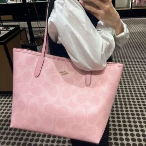 Latest Coache City Tote In Pink & Coffee Signature Canvas